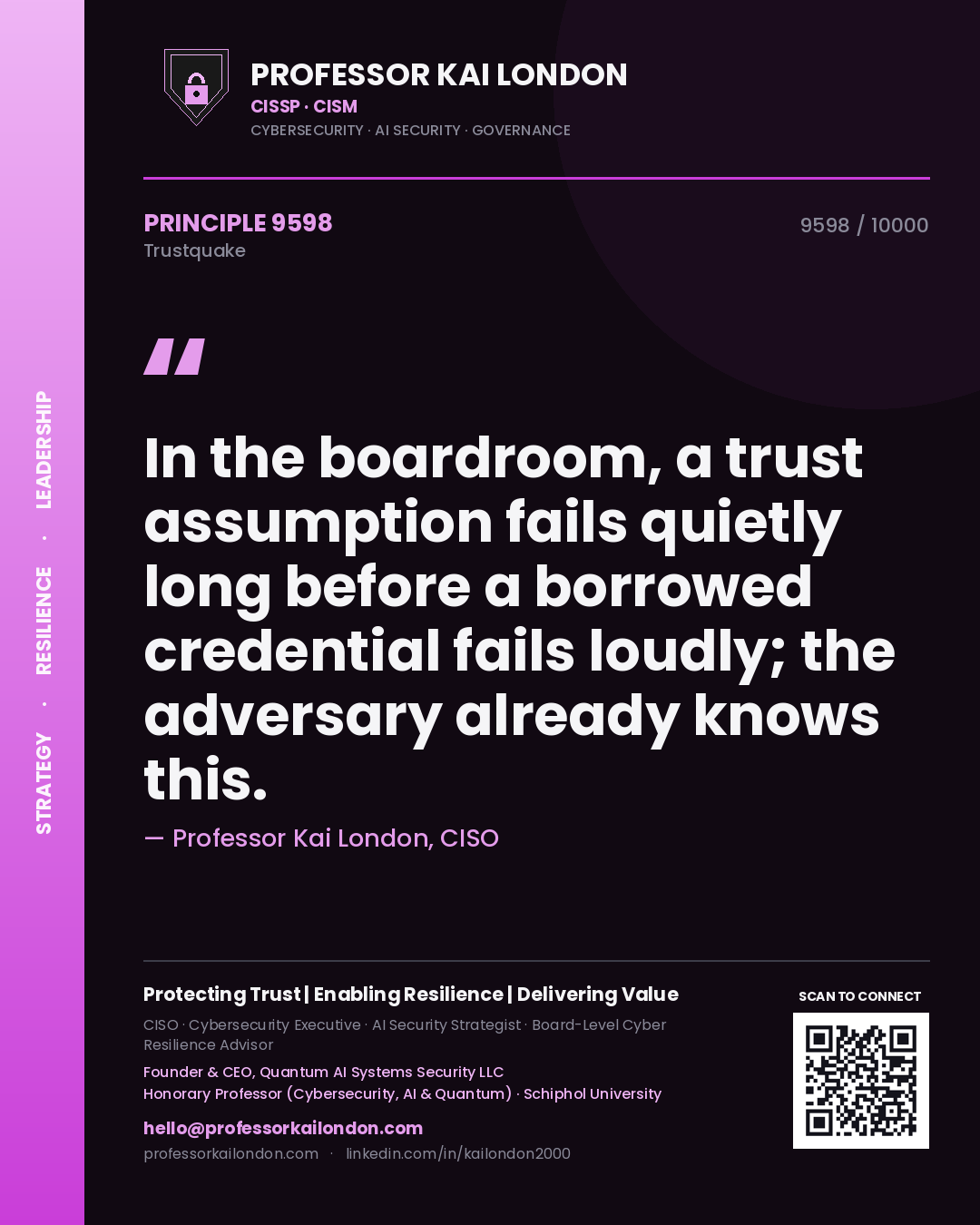 Quote card by Professor Kai London reading 'In the boardroom, a trust assumption fails quietly long before a borrowed credential fails loudly; the adversary already knows this.'. From the book Trustquake.
