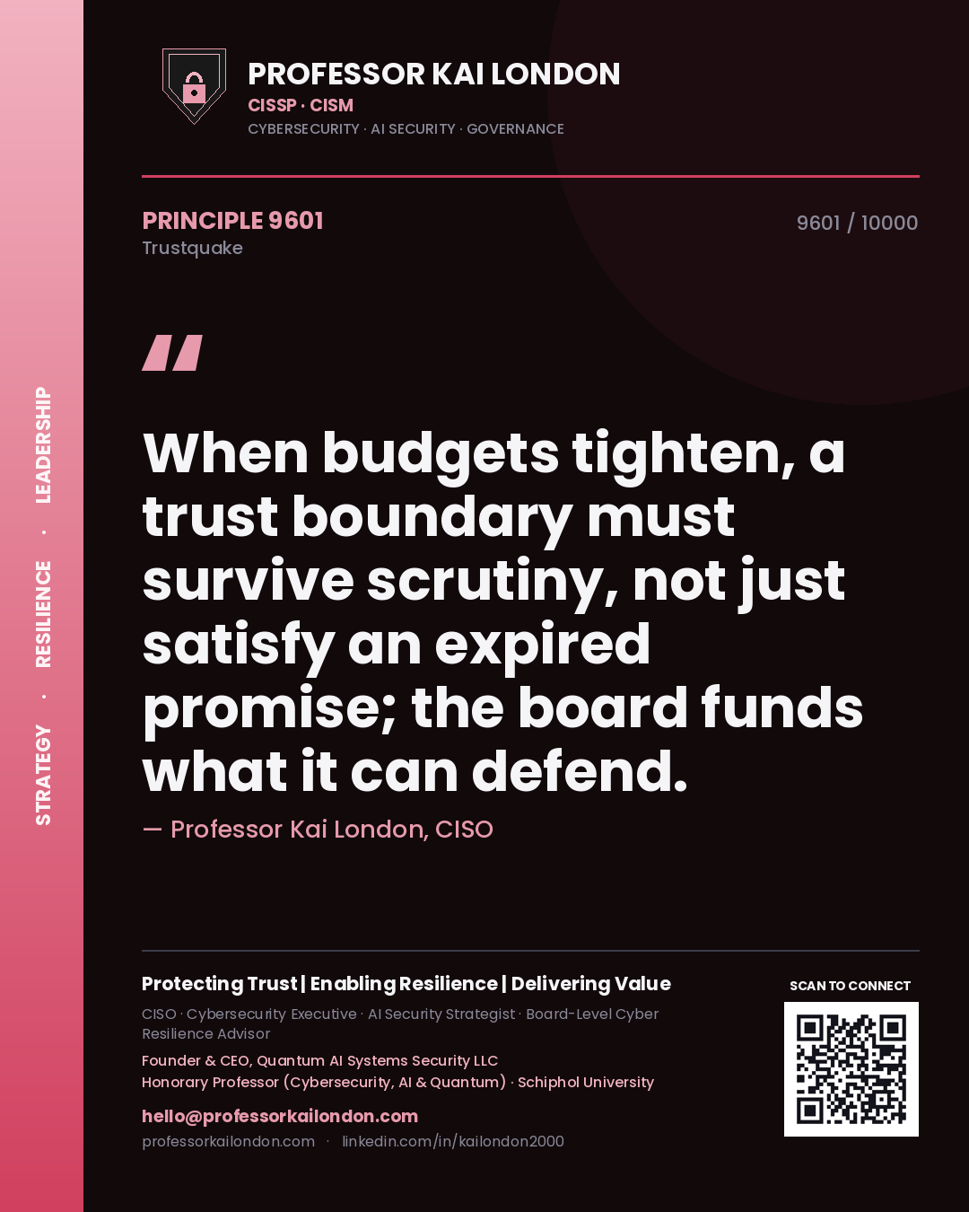 Professor Kai London principle 9601: When budgets tighten, a trust boundary must survive scrutiny, not just satisfy an expired promise; the board funds what it can defend.