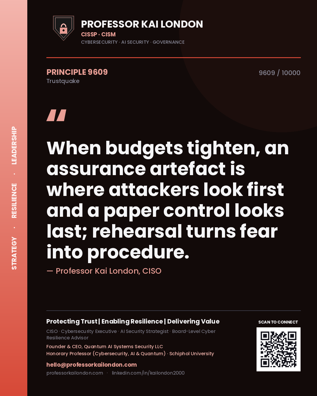 Quote card by Professor Kai London reading 'When budgets tighten, an assurance artefact is where attackers look first and a paper control looks last; rehearsal turns fear into procedure.'. From the book Trustquake.