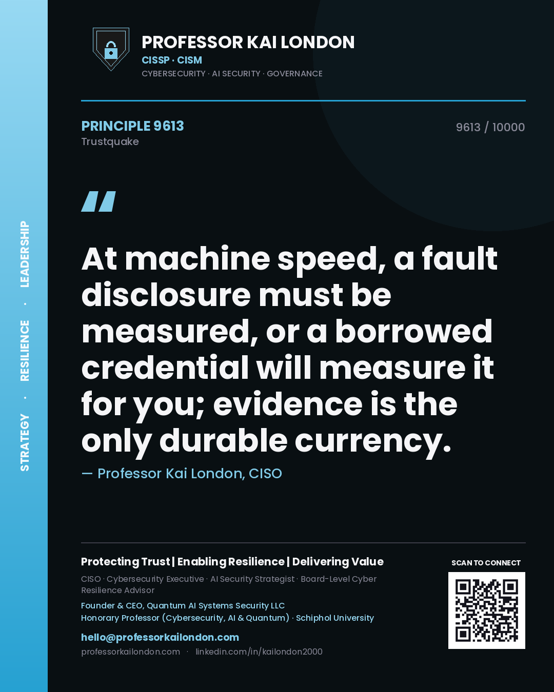 Professor Kai London principle 9613: At machine speed, a fault disclosure must be measured, or a borrowed credential will measure it for you; evidence is the only durable currency.
