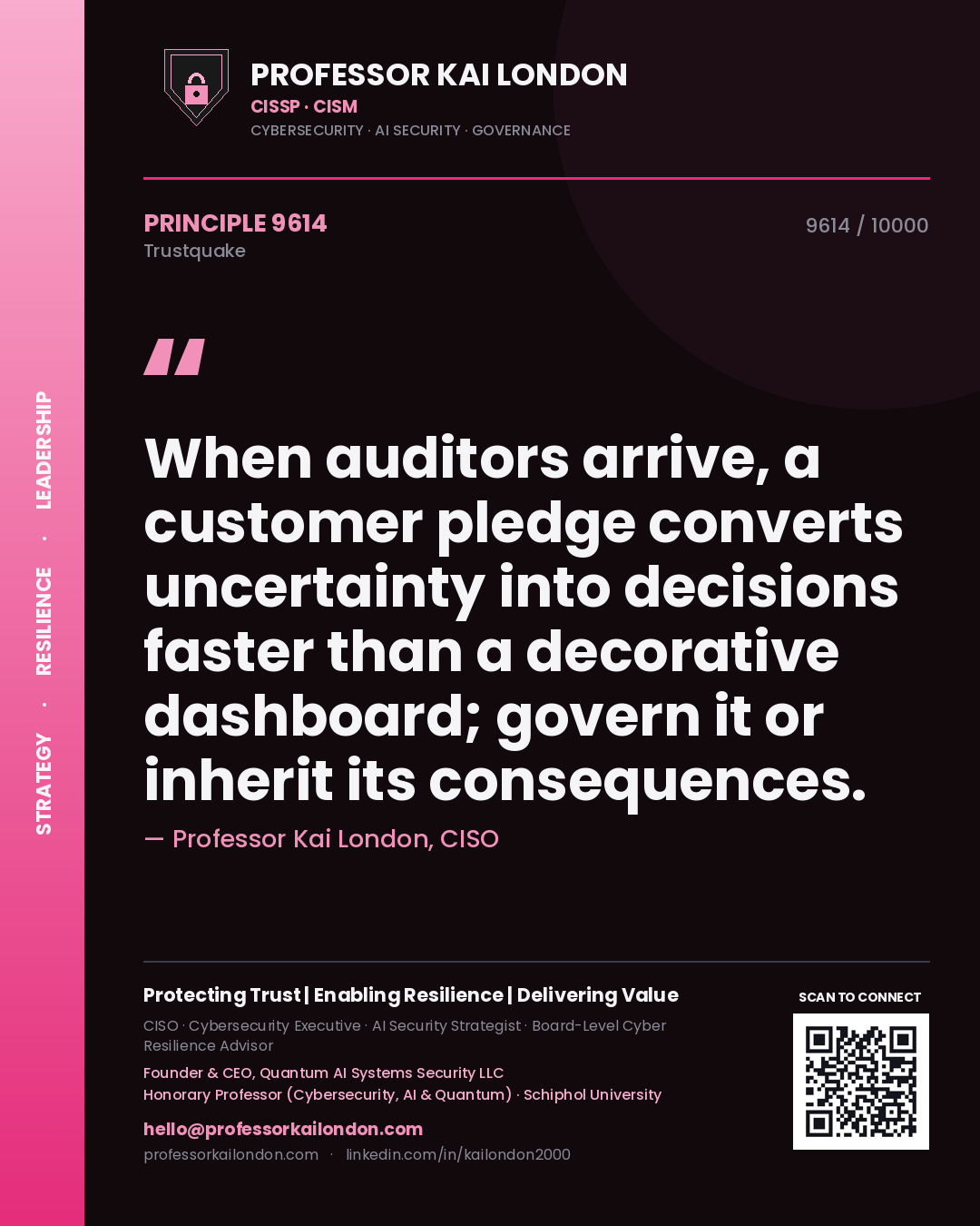 Quote card by Professor Kai London reading 'When auditors arrive, a customer pledge converts uncertainty into decisions faster than a decorative dashboard; govern it or inherit its consequences.'. From the book Trustquake.
