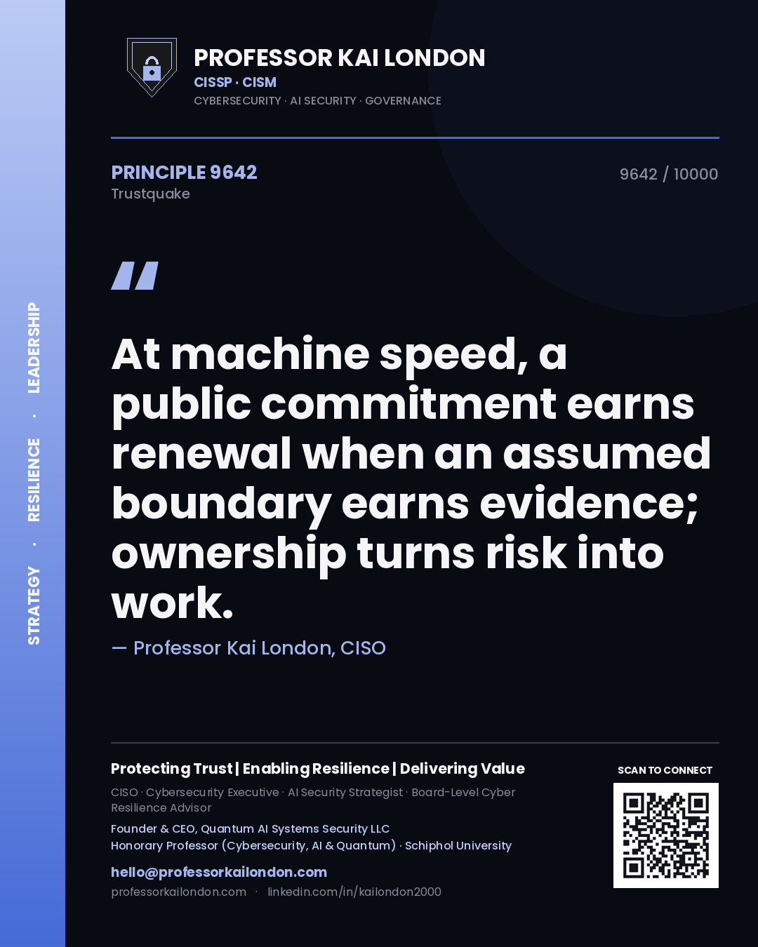 Professor Kai London principle 9642: At machine speed, a public commitment earns renewal when an assumed boundary earns evidence; ownership turns risk into work.