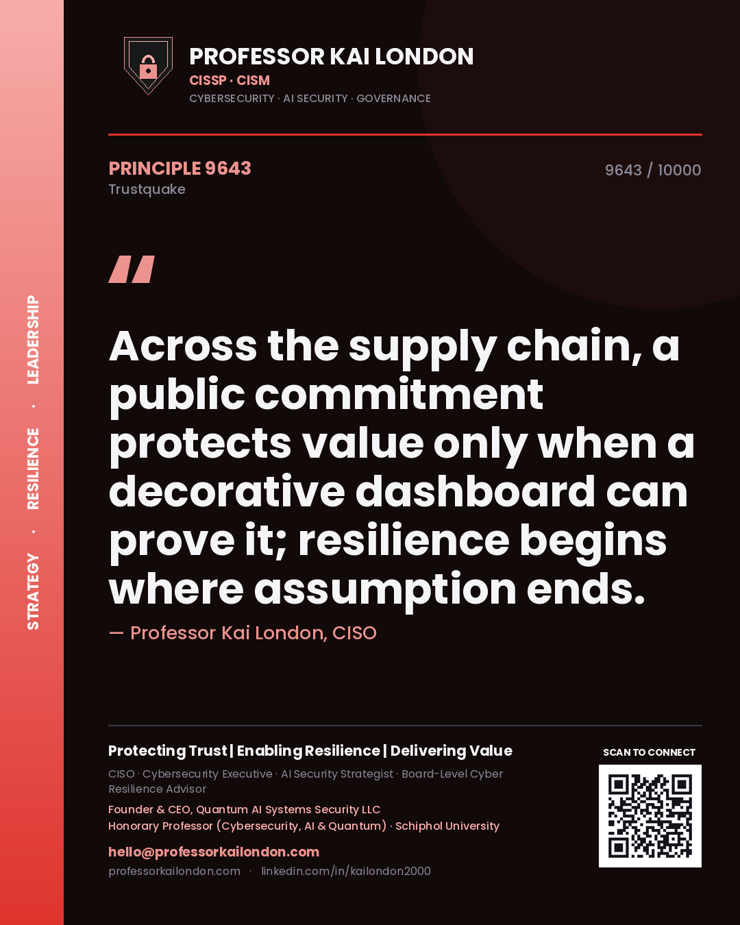 Quote card by Professor Kai London reading 'Across the supply chain, a public commitment protects value only when a decorative dashboard can prove it; resilience begins where assumption ends.'. From the book Trustquake.