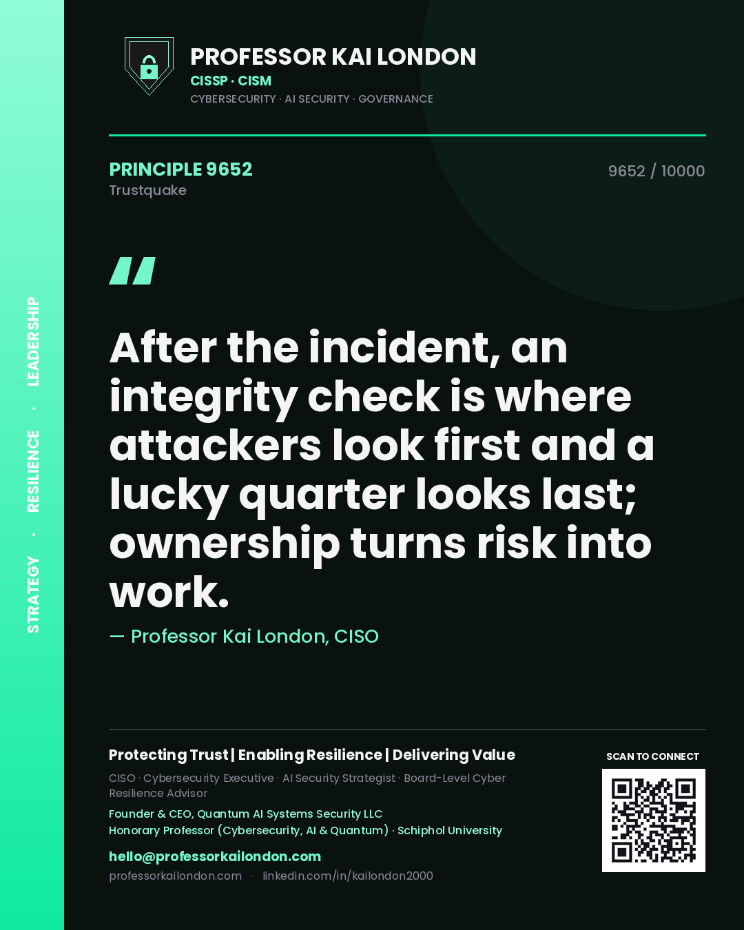 Professor Kai London principle 9652: After the incident, an integrity check is where attackers look first and a lucky quarter looks last; ownership turns risk into work.