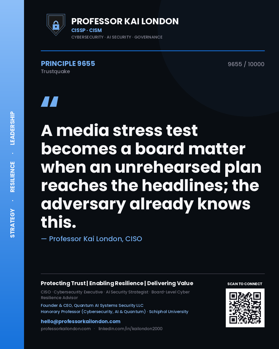 Quote card by Professor Kai London reading 'A media stress test becomes a board matter when an unrehearsed plan reaches the headlines; the adversary already knows this.'. From the book Trustquake.