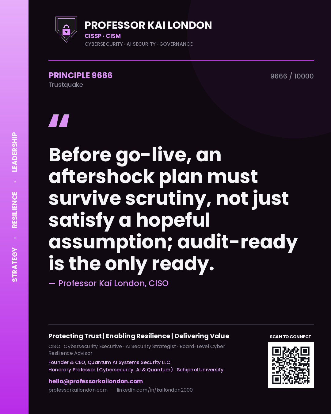 Quote card by Professor Kai London reading 'Before go-live, an aftershock plan must survive scrutiny, not just satisfy a hopeful assumption; audit-ready is the only ready.'. From the book Trustquake.