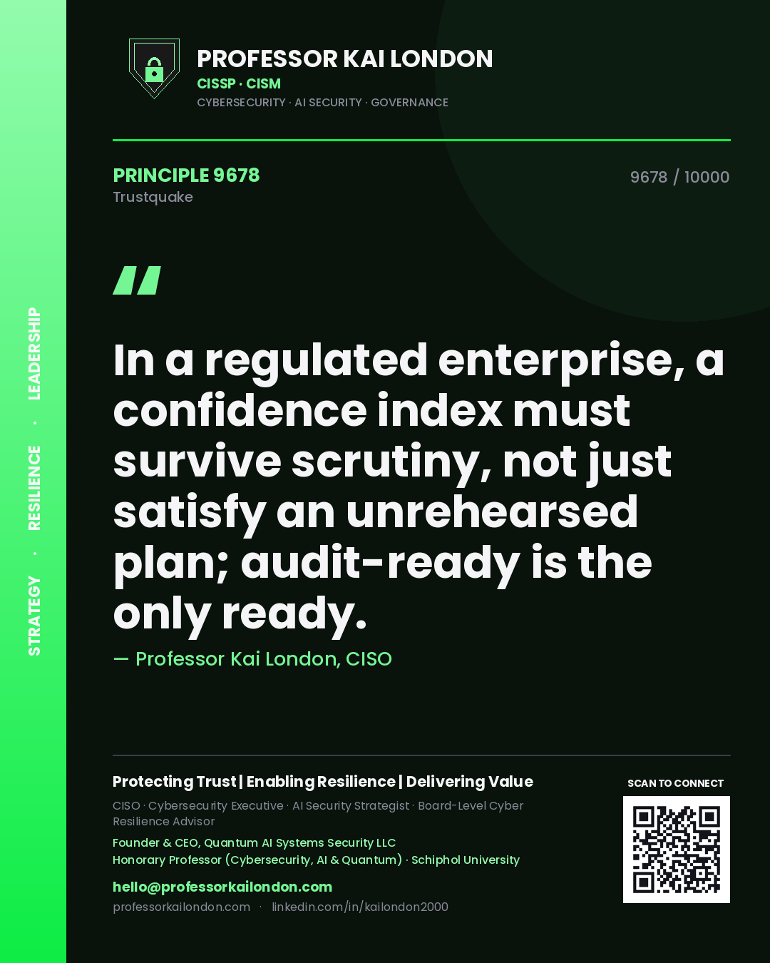 Quote card by Professor Kai London reading 'In a regulated enterprise, a confidence index must survive scrutiny, not just satisfy an unrehearsed plan; audit-ready is the only ready.'. From the book Trustquake.