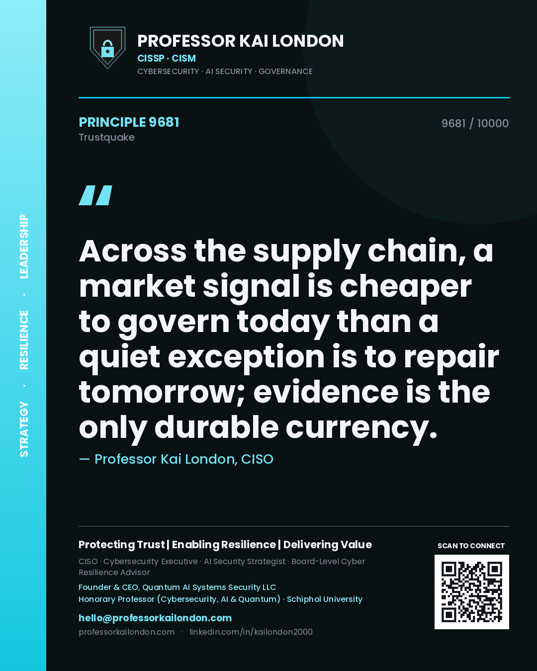 Quote card by Professor Kai London reading 'Across the supply chain, a market signal is cheaper to govern today than a quiet exception is to repair tomorrow; evidence is the only durable currency.'. From the book Trustquake.