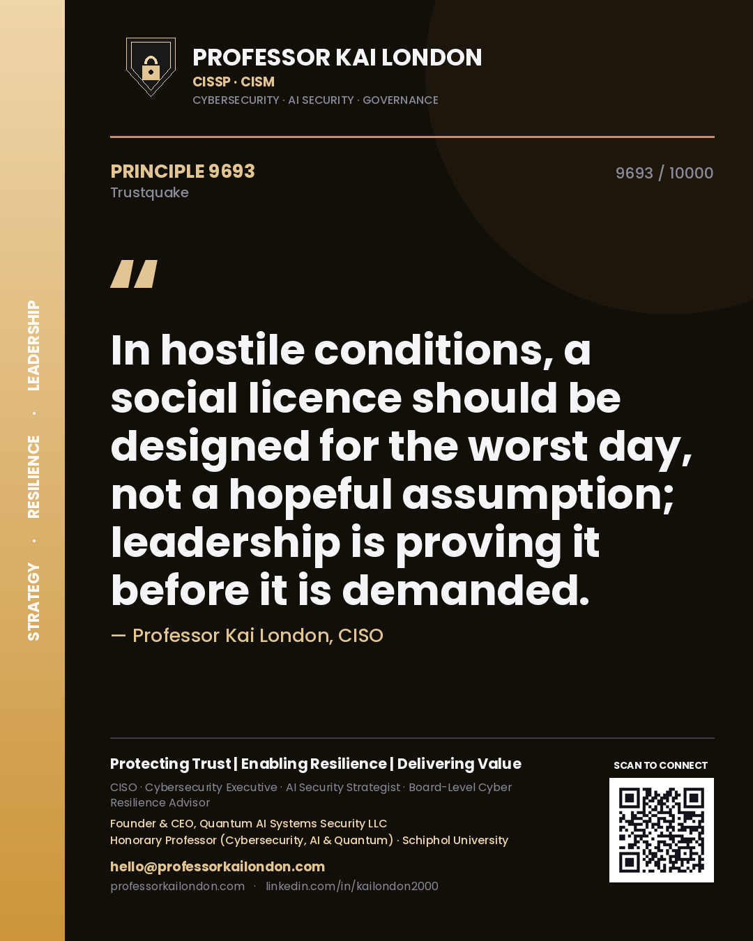 Professor Kai London principle 9693: In hostile conditions, a social licence should be designed for the worst day, not a hopeful assumption; leadership is proving it before it is demanded.