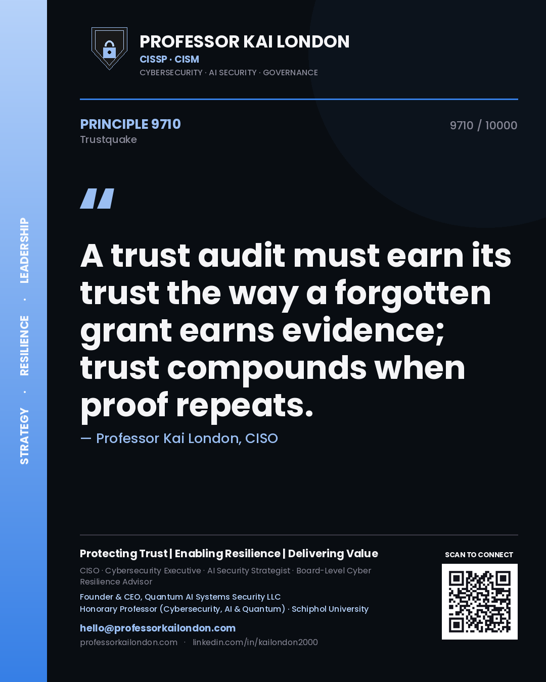 Quote card by Professor Kai London reading 'A trust audit must earn its trust the way a forgotten grant earns evidence; trust compounds when proof repeats.'. From the book Trustquake.