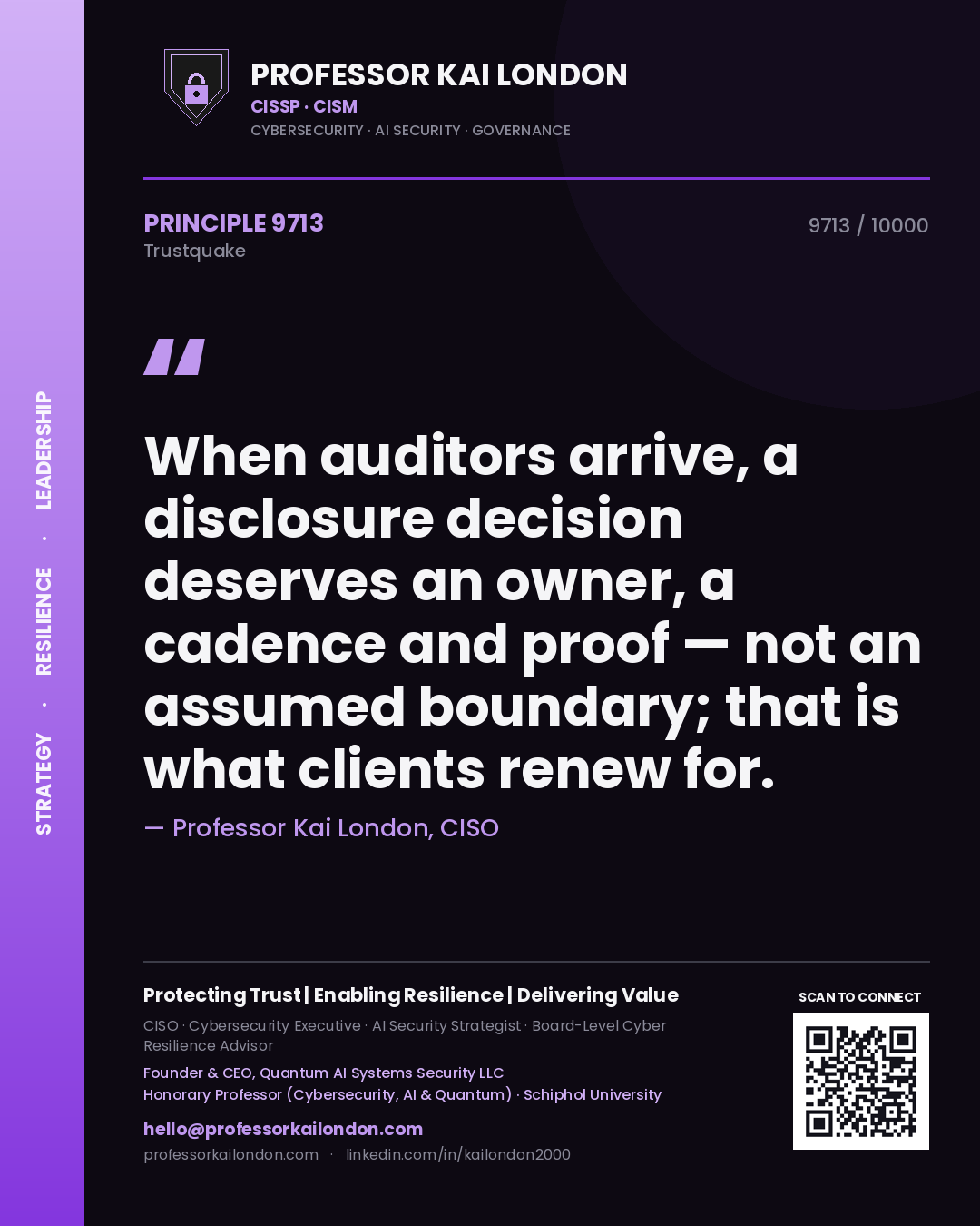Professor Kai London principle 9713: When auditors arrive, a disclosure decision deserves an owner, a cadence and proof — not an assumed boundary; that is what clients renew for.