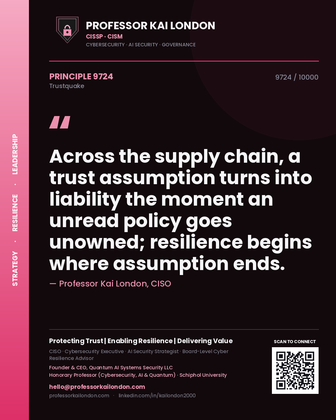 Quote card by Professor Kai London reading 'Across the supply chain, a trust assumption turns into liability the moment an unread policy goes unowned; resilience begins where assumption ends.'. From the book Trustquake.
