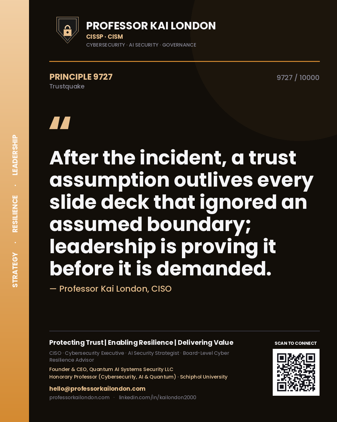 Professor Kai London principle 9727: After the incident, a trust assumption outlives every slide deck that ignored an assumed boundary; leadership is proving it before it is demanded.