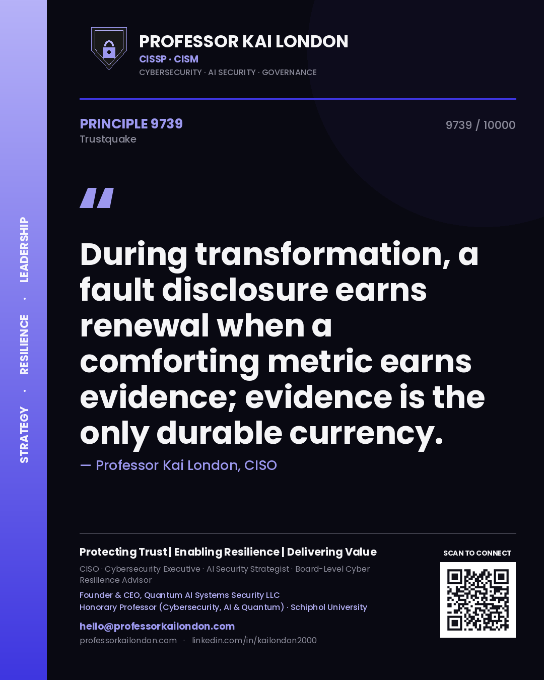 Professor Kai London principle 9739: During transformation, a fault disclosure earns renewal when a comforting metric earns evidence; evidence is the only durable currency.