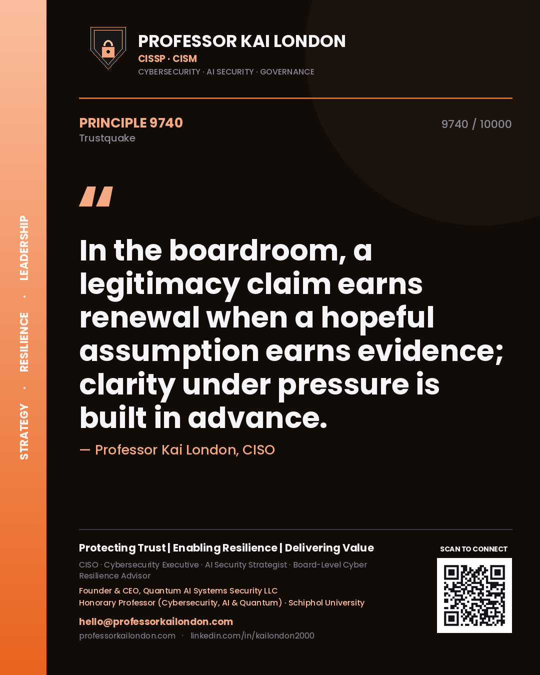 Quote card by Professor Kai London reading 'In the boardroom, a legitimacy claim earns renewal when a hopeful assumption earns evidence; clarity under pressure is built in advance.'. From the book Trustquake.