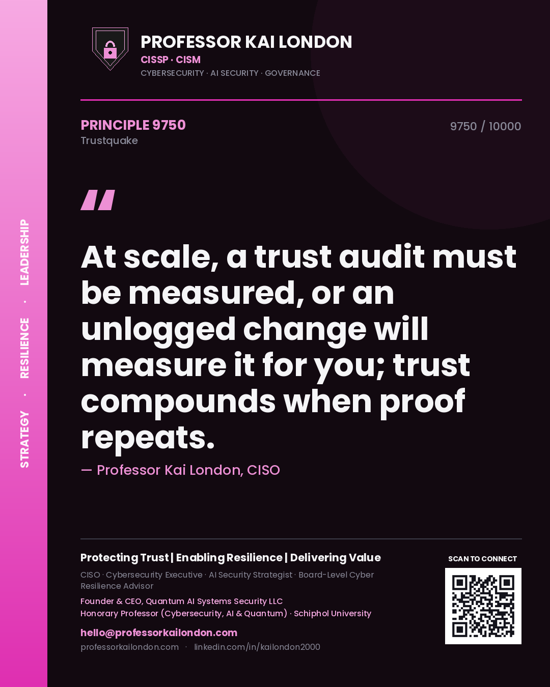 Professor Kai London principle 9750: At scale, a trust audit must be measured, or an unlogged change will measure it for you; trust compounds when proof repeats.