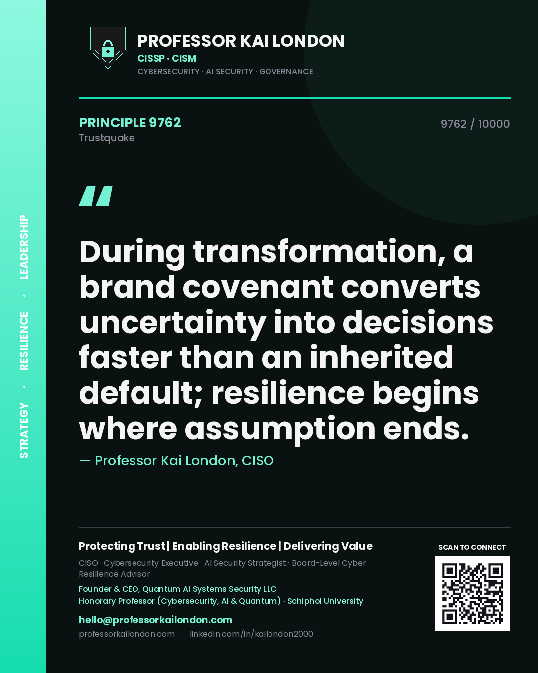 Quote card by Professor Kai London reading 'During transformation, a brand covenant converts uncertainty into decisions faster than an inherited default; resilience begins where assumption ends.'. From the book Trustquake.