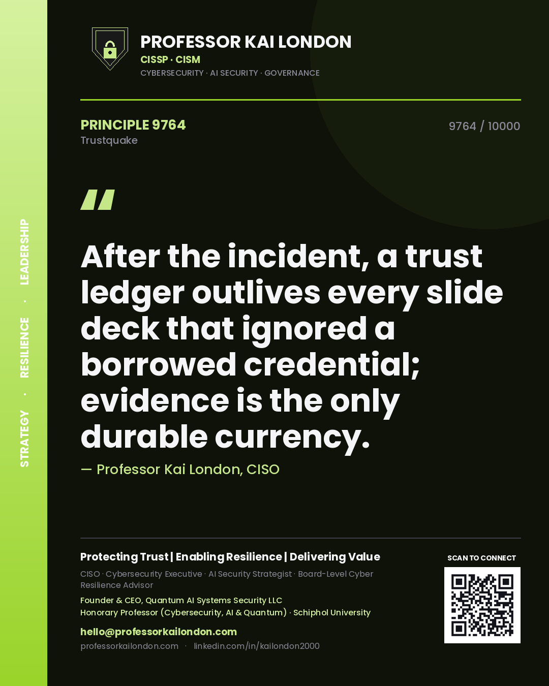 Quote card by Professor Kai London reading 'After the incident, a trust ledger outlives every slide deck that ignored a borrowed credential; evidence is the only durable currency.'. From the book Trustquake.