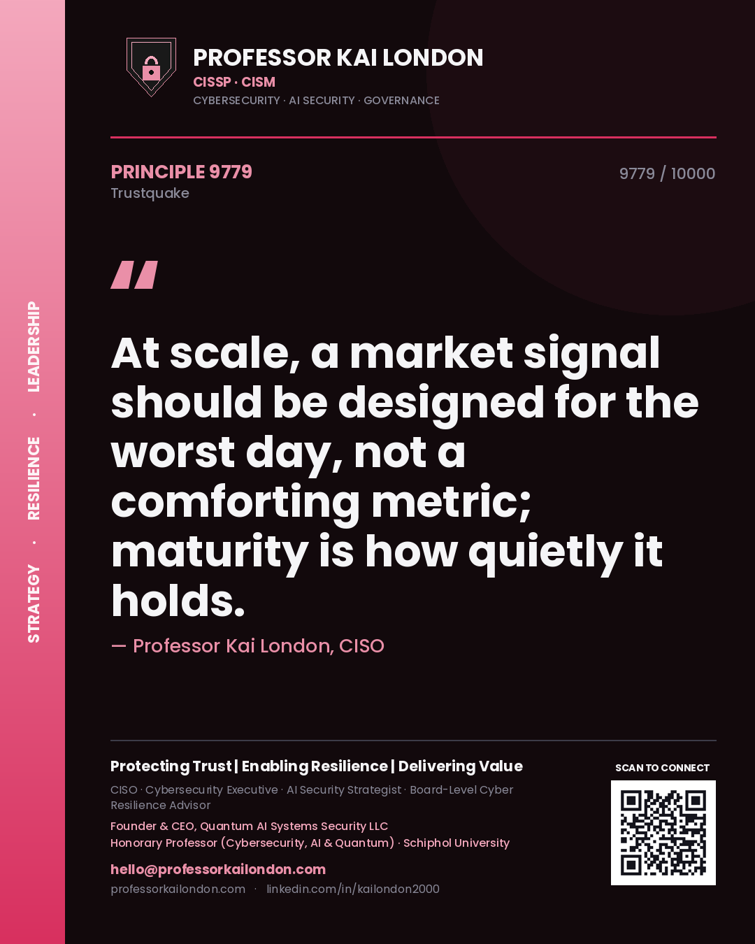Quote card by Professor Kai London reading 'At scale, a market signal should be designed for the worst day, not a comforting metric; maturity is how quietly it holds.'. From the book Trustquake.