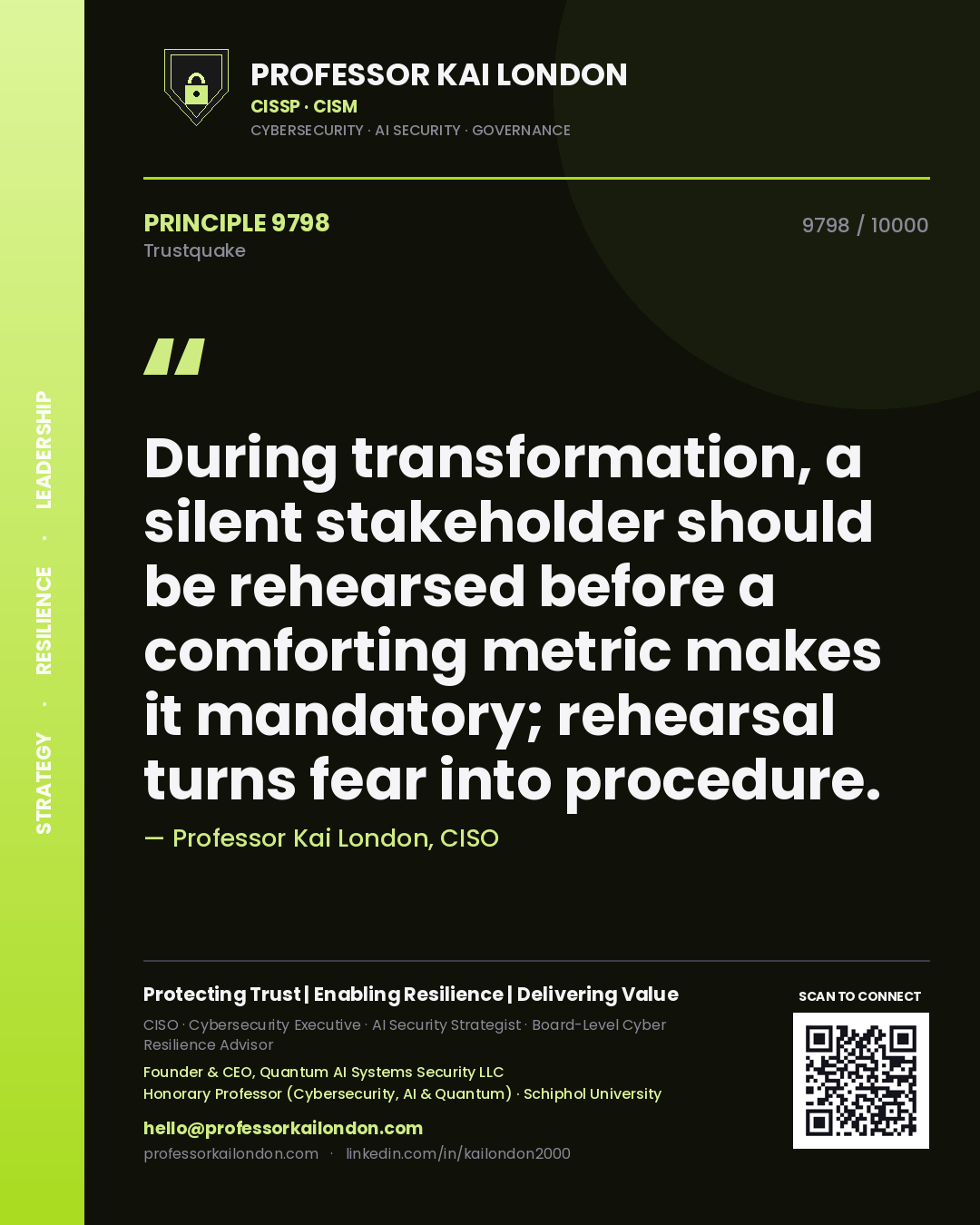 Professor Kai London principle 9798: During transformation, a silent stakeholder should be rehearsed before a comforting metric makes it mandatory; rehearsal turns fear into procedure.