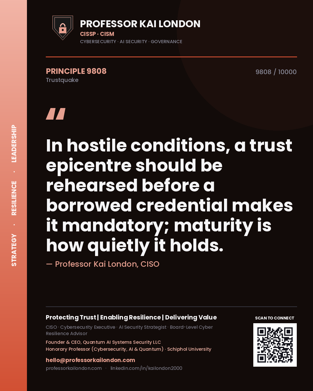 Quote card by Professor Kai London reading 'In hostile conditions, a trust epicentre should be rehearsed before a borrowed credential makes it mandatory; maturity is how quietly it holds.'. From the book Trustquake.