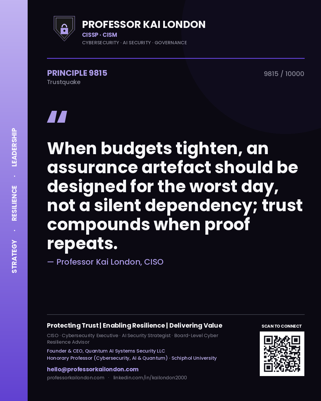 Professor Kai London principle 9815: When budgets tighten, an assurance artefact should be designed for the worst day, not a silent dependency; trust compounds when proof repeats.