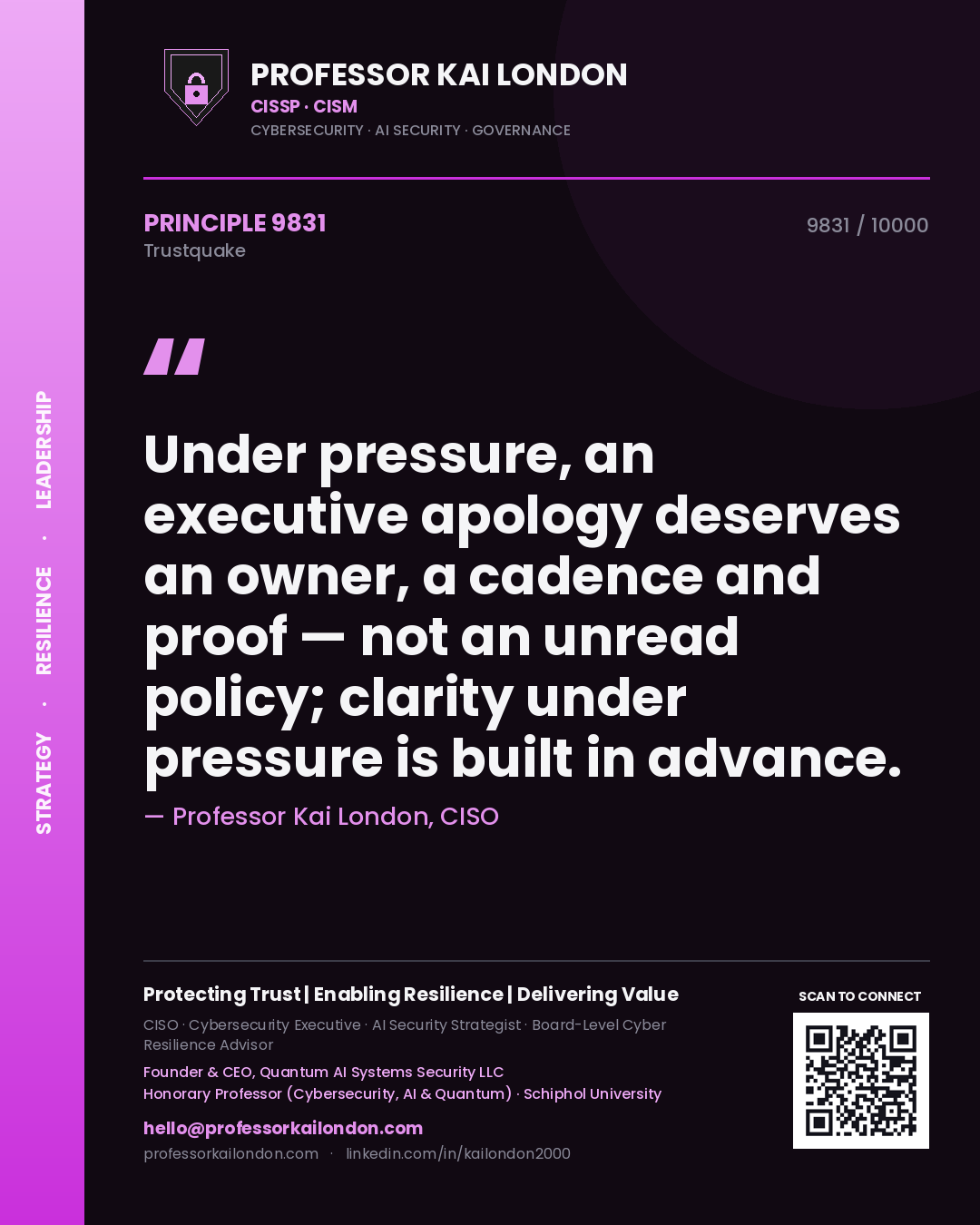 Professor Kai London principle 9831: Under pressure, an executive apology deserves an owner, a cadence and proof — not an unread policy; clarity under pressure is built in advance.