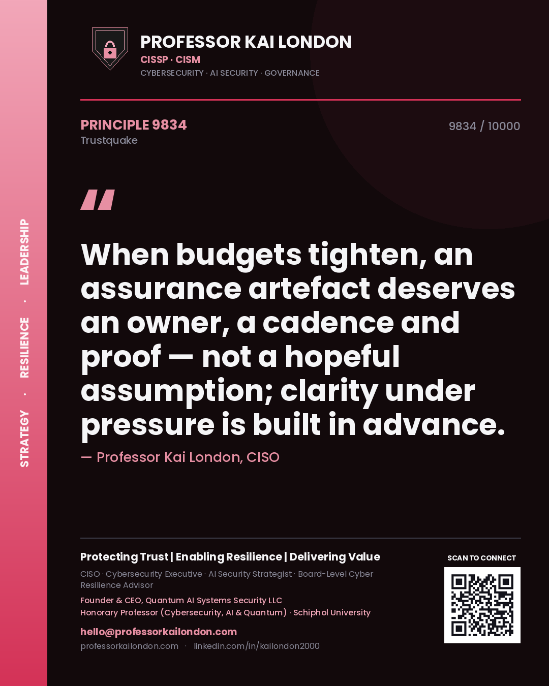 Professor Kai London principle 9834: When budgets tighten, an assurance artefact deserves an owner, a cadence and proof — not a hopeful assumption; clarity under pressure is built in advance.