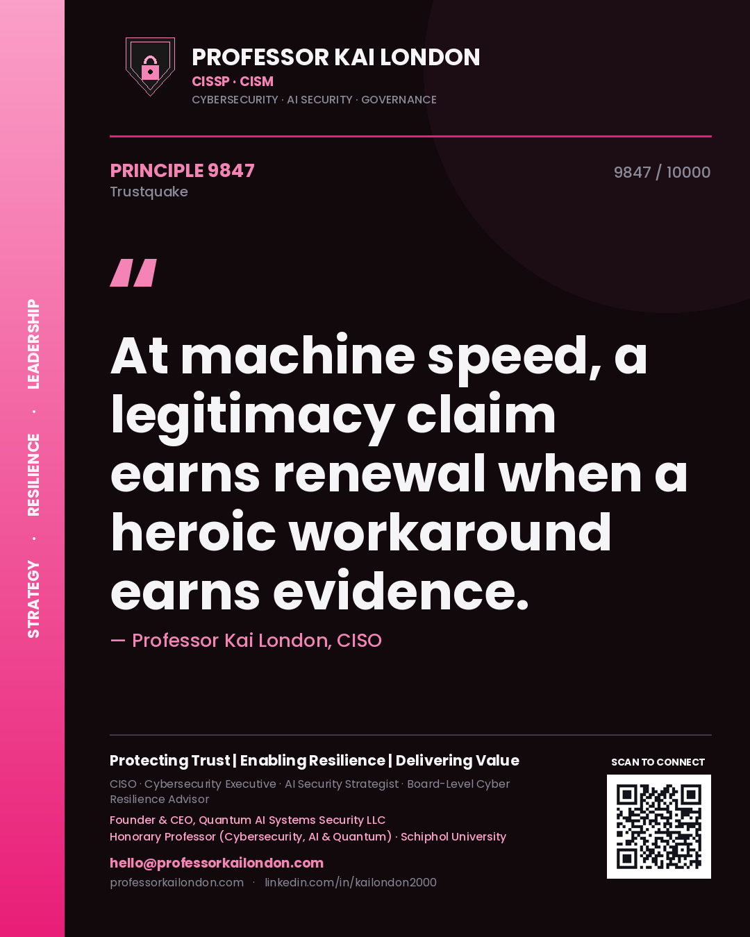 Quote card by Professor Kai London reading 'At machine speed, a legitimacy claim earns renewal when a heroic workaround earns evidence.'. From the book Trustquake.