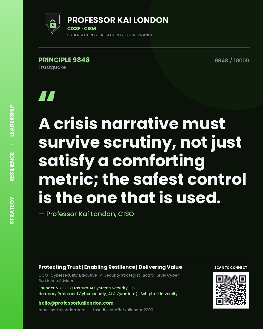 Quote card by Professor Kai London reading 'A crisis narrative must survive scrutiny, not just satisfy a comforting metric; the safest control is the one that is used.'. From the book Trustquake.