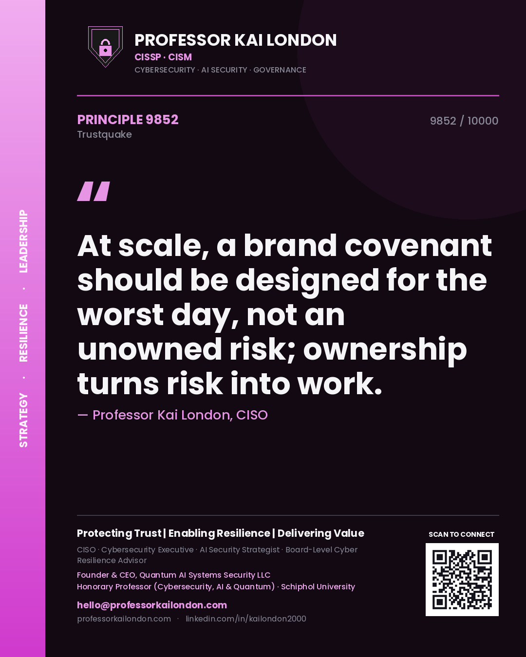 Professor Kai London principle 9852: At scale, a brand covenant should be designed for the worst day, not an unowned risk; ownership turns risk into work.