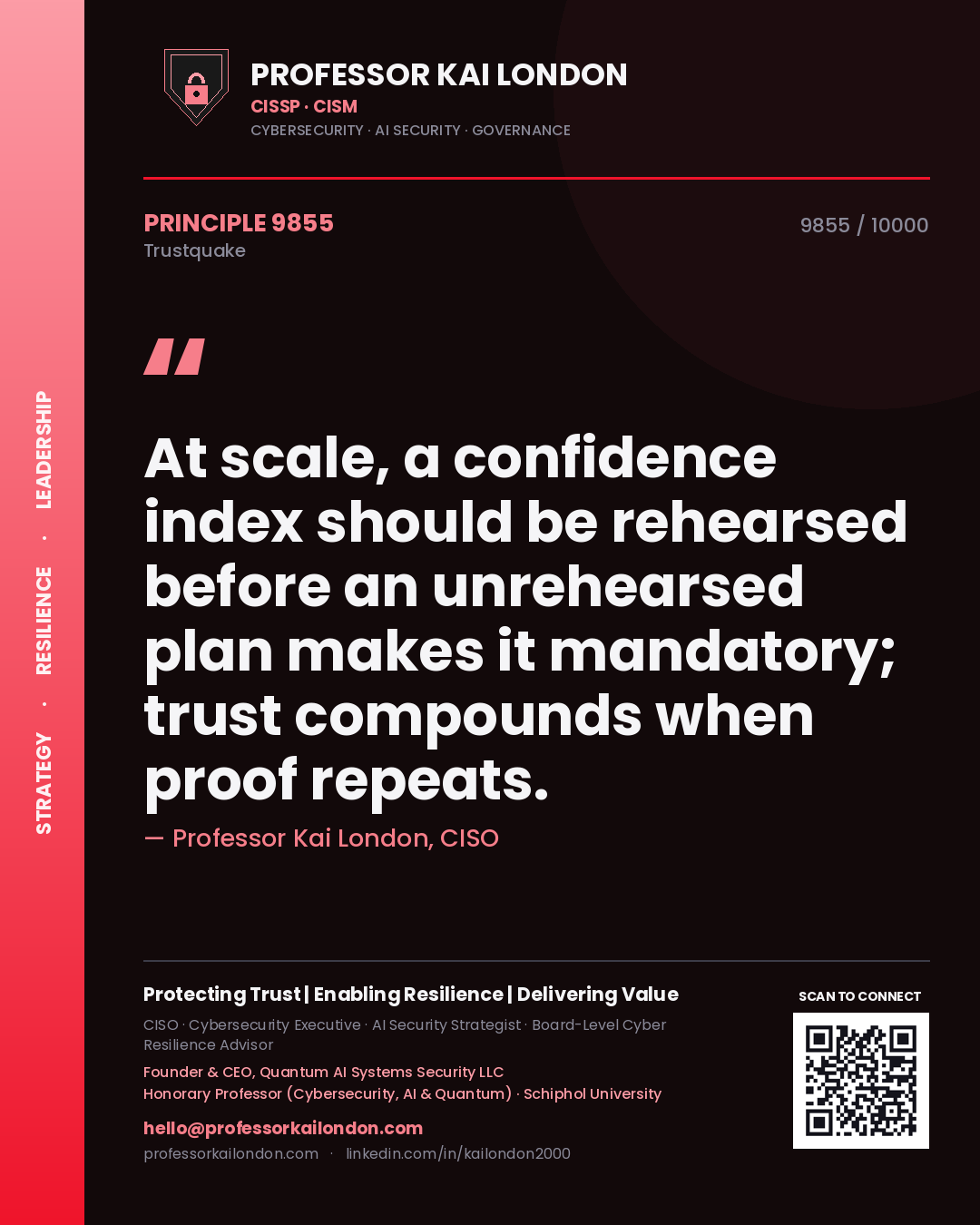 Quote card by Professor Kai London reading 'At scale, a confidence index should be rehearsed before an unrehearsed plan makes it mandatory; trust compounds when proof repeats.'. From the book Trustquake.