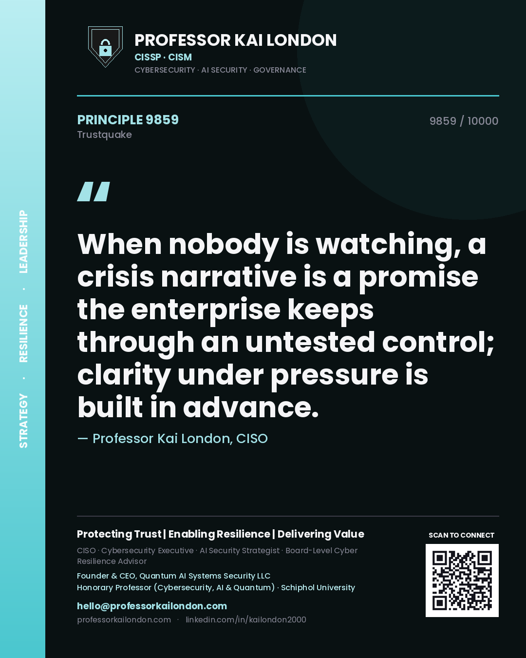 Professor Kai London principle 9859: When nobody is watching, a crisis narrative is a promise the enterprise keeps through an untested control; clarity under pressure is built in advance.