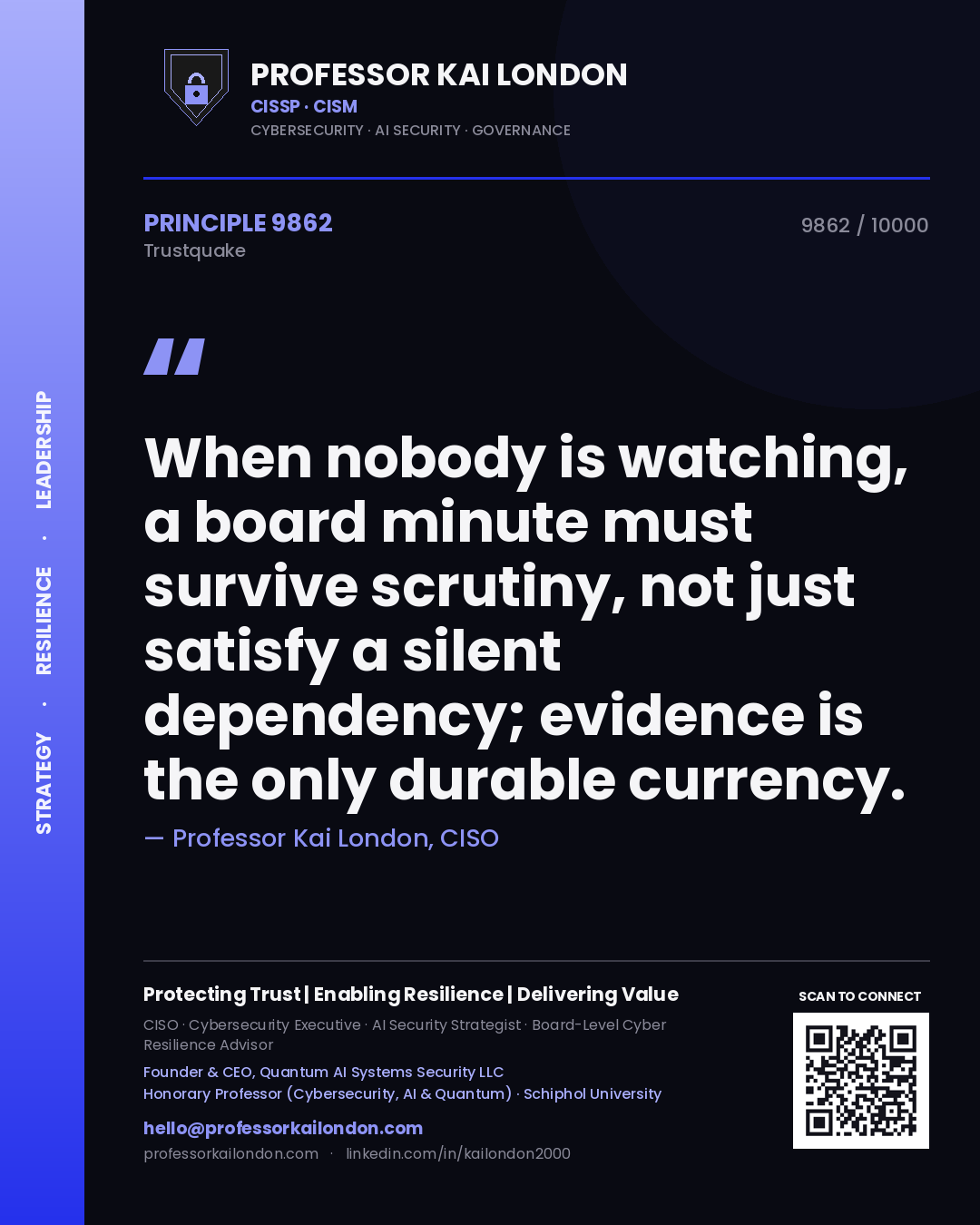 Professor Kai London principle 9862: When nobody is watching, a board minute must survive scrutiny, not just satisfy a silent dependency; evidence is the only durable currency.