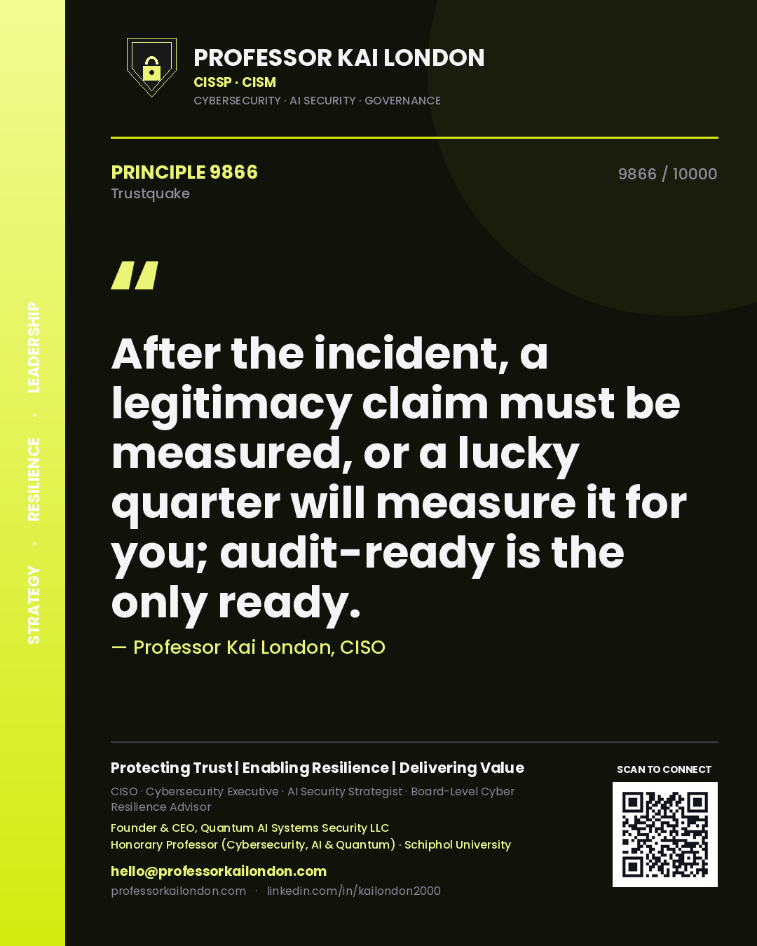 Quote card by Professor Kai London reading 'After the incident, a legitimacy claim must be measured, or a lucky quarter will measure it for you; audit-ready is the only ready.'. From the book Trustquake.