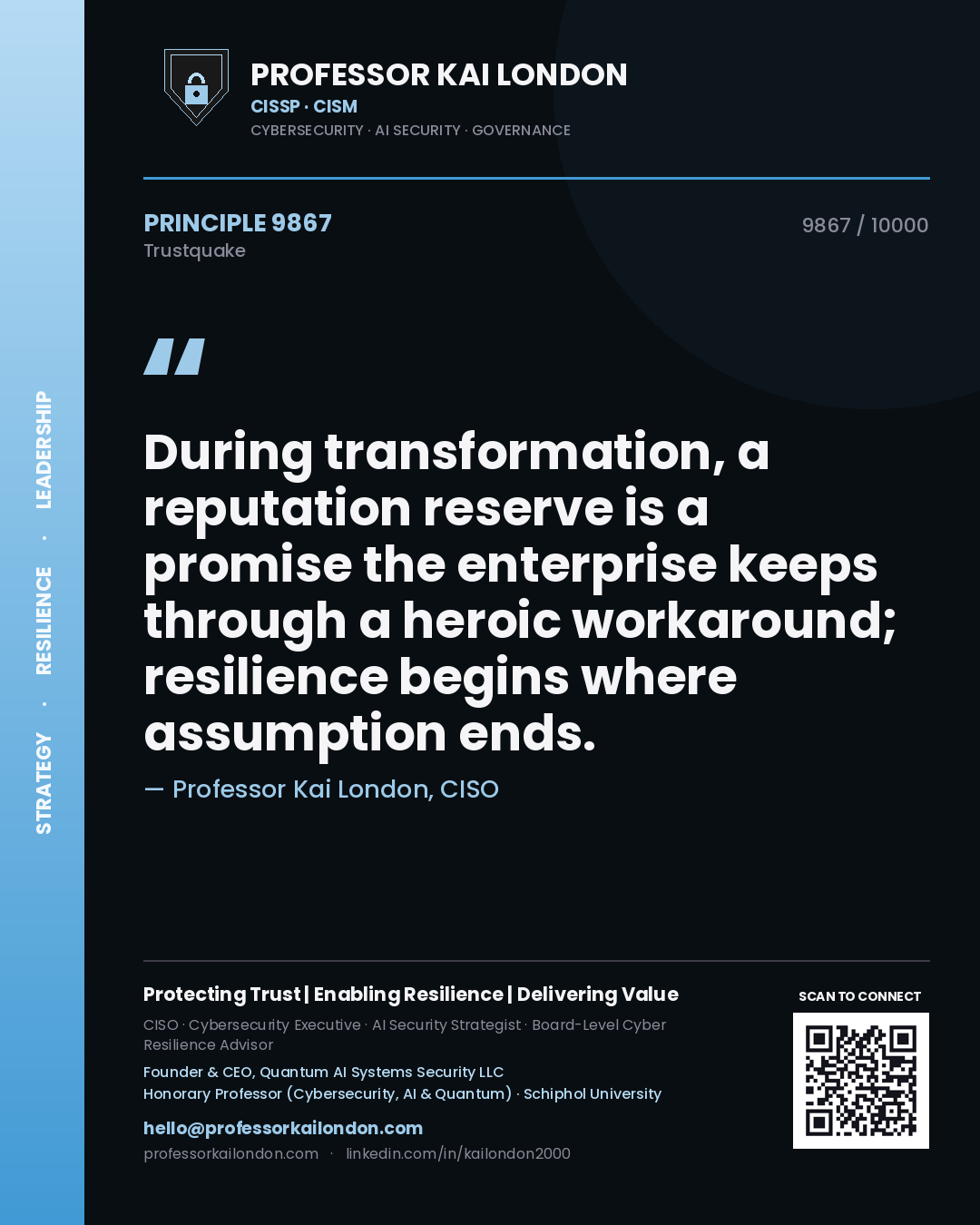 Quote card by Professor Kai London reading 'During transformation, a reputation reserve is a promise the enterprise keeps through a heroic workaround; resilience begins where assumption ends.'. From the book Trustquake.