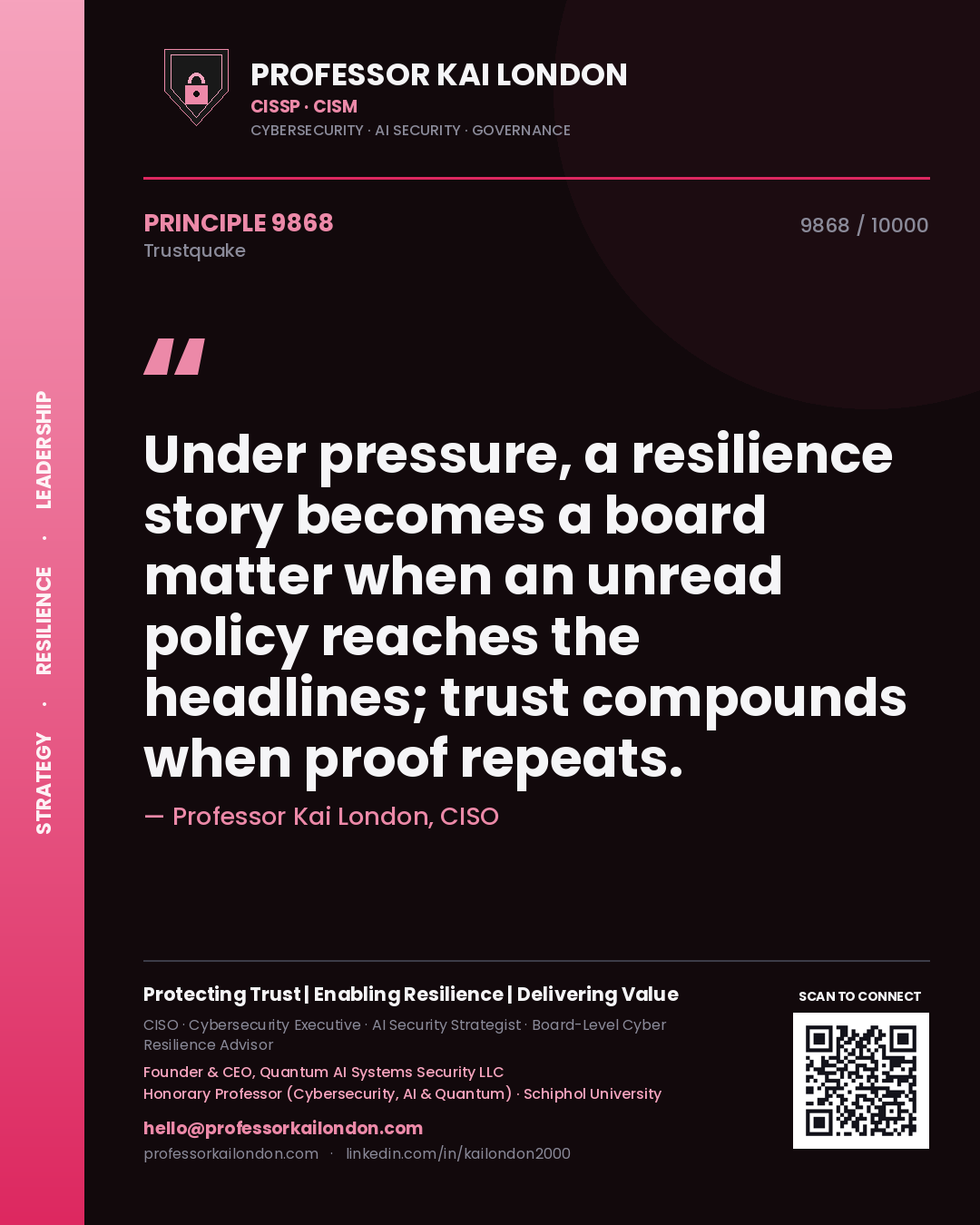Quote card by Professor Kai London reading 'Under pressure, a resilience story becomes a board matter when an unread policy reaches the headlines; trust compounds when proof repeats.'. From the book Trustquake.