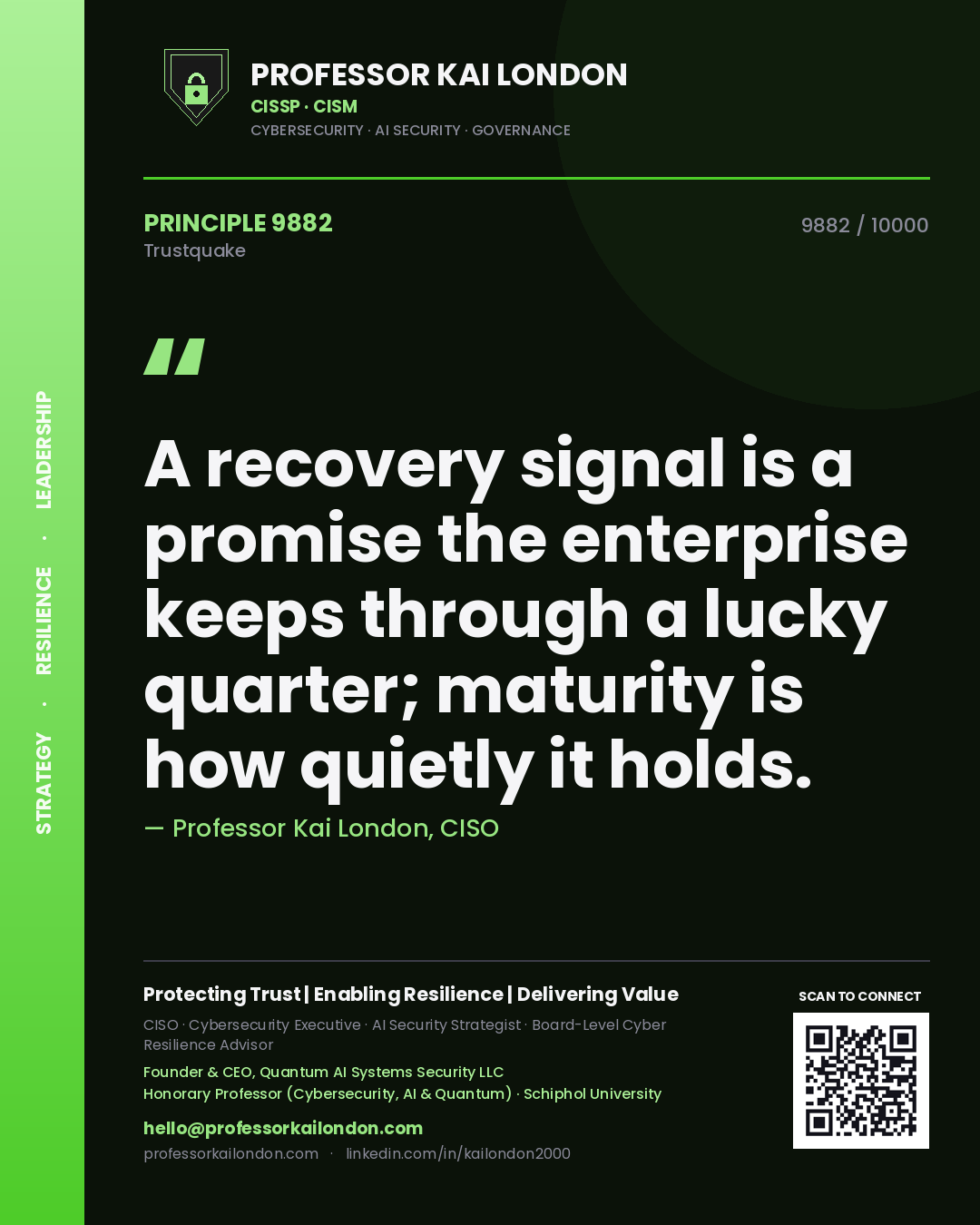 Professor Kai London principle 9882: A recovery signal is a promise the enterprise keeps through a lucky quarter; maturity is how quietly it holds.