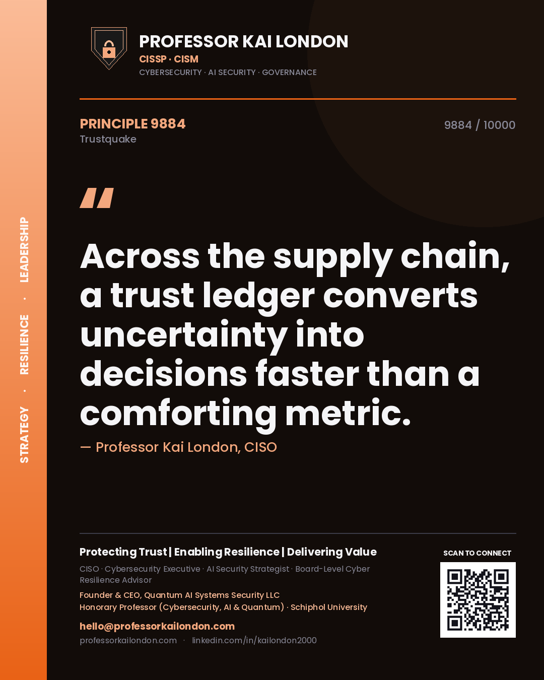 Quote card by Professor Kai London reading 'Across the supply chain, a trust ledger converts uncertainty into decisions faster than a comforting metric.'. From the book Trustquake.