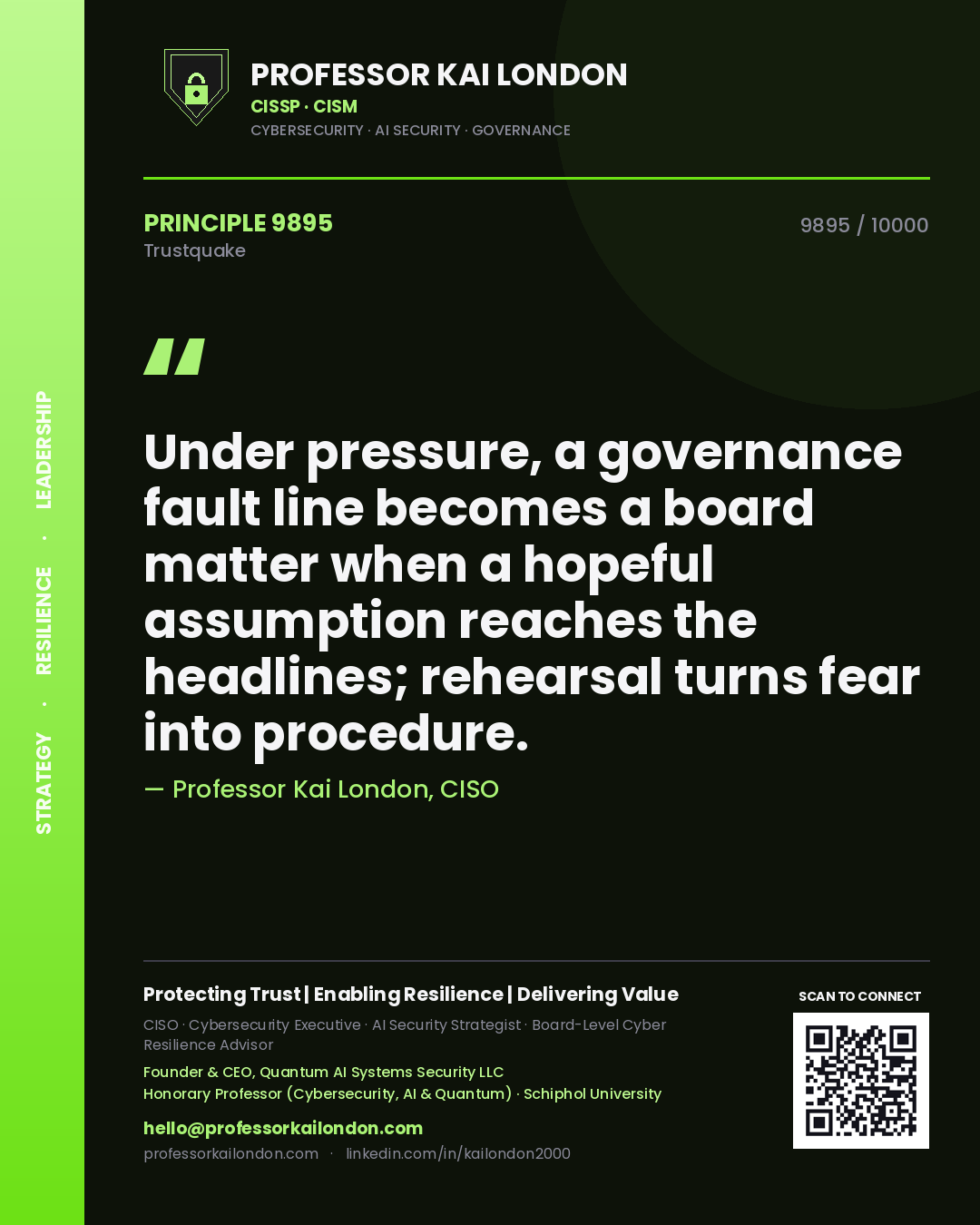 Quote card by Professor Kai London reading 'Under pressure, a governance fault line becomes a board matter when a hopeful assumption reaches the headlines; rehearsal turns fear into procedure.'. From the book Trustquake.