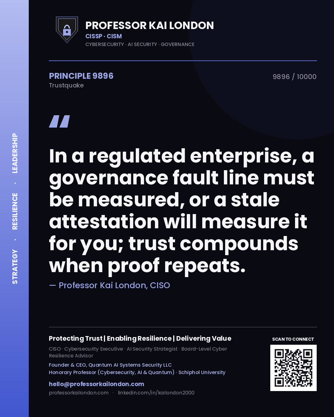 Quote card by Professor Kai London reading 'In a regulated enterprise, a governance fault line must be measured, or a stale attestation will measure it for you; trust compounds when proof repeats.'. From the book Trustquake.