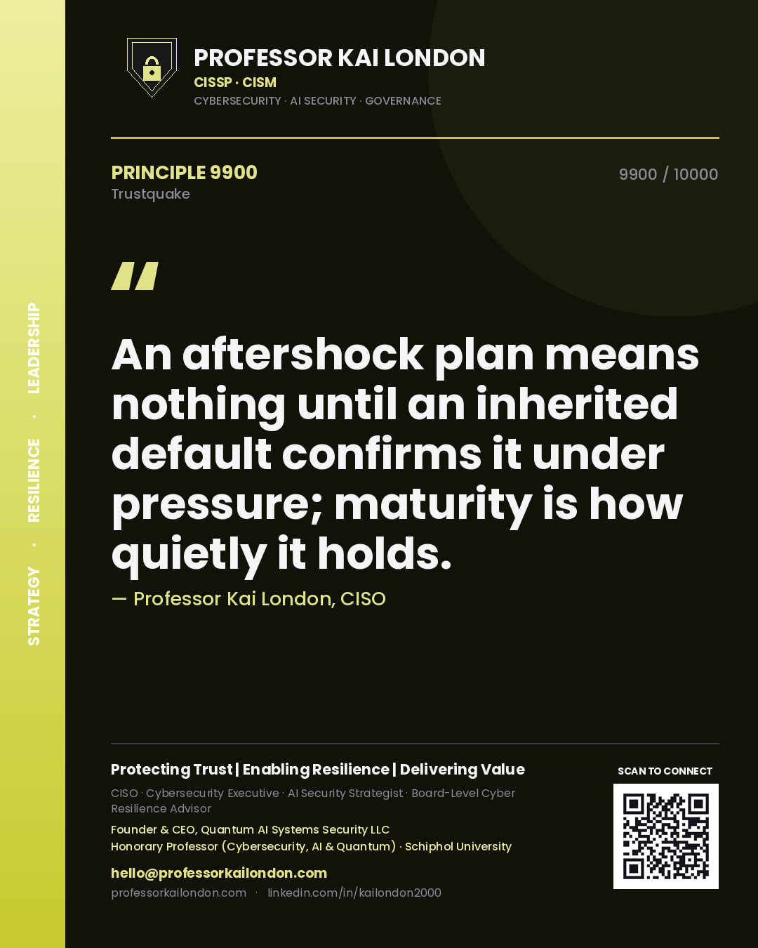 Quote card by Professor Kai London reading 'An aftershock plan means nothing until an inherited default confirms it under pressure; maturity is how quietly it holds.'. From the book Trustquake.