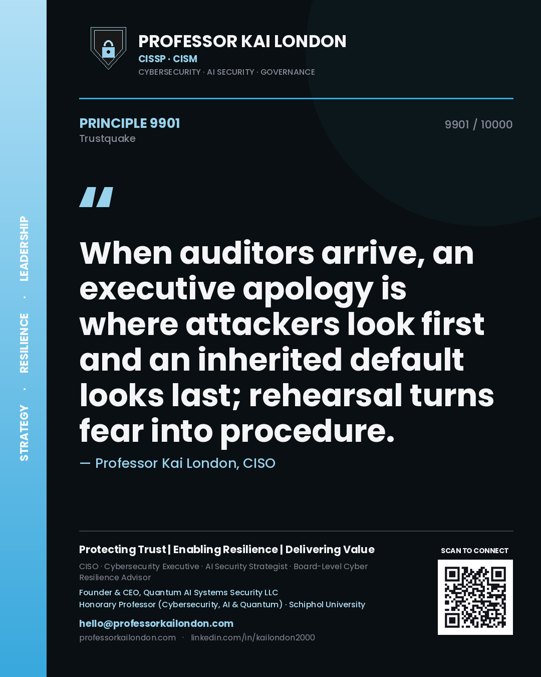Quote card by Professor Kai London reading 'When auditors arrive, an executive apology is where attackers look first and an inherited default looks last; rehearsal turns fear into procedure.'. From the book Trustquake.