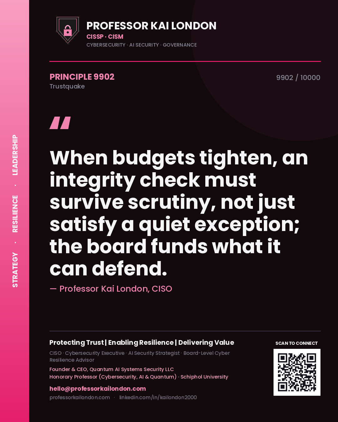 Quote card by Professor Kai London reading 'When budgets tighten, an integrity check must survive scrutiny, not just satisfy a quiet exception; the board funds what it can defend.'. From the book Trustquake.