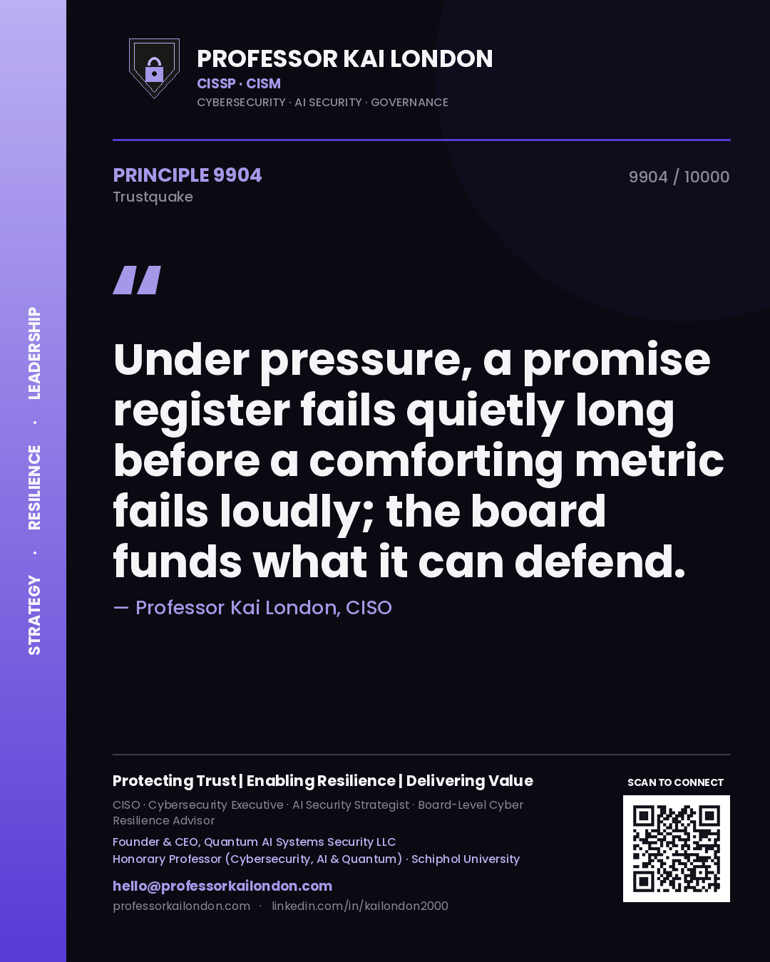 Quote card by Professor Kai London reading 'Under pressure, a promise register fails quietly long before a comforting metric fails loudly; the board funds what it can defend.'. From the book Trustquake.