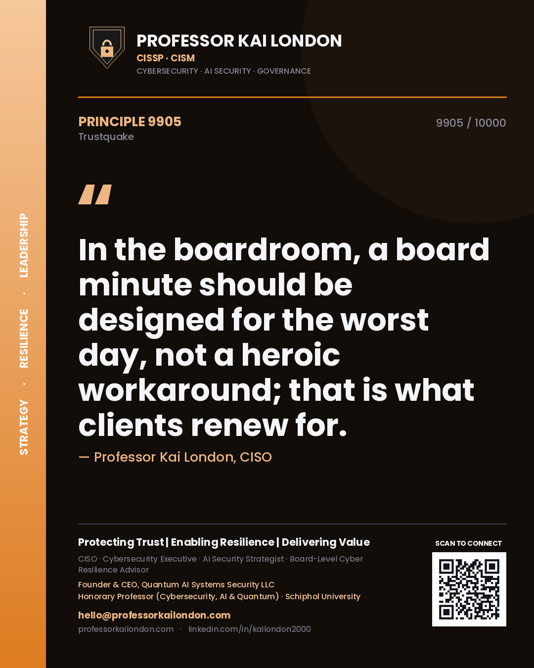 Quote card by Professor Kai London reading 'In the boardroom, a board minute should be designed for the worst day, not a heroic workaround; that is what clients renew for.'. From the book Trustquake.