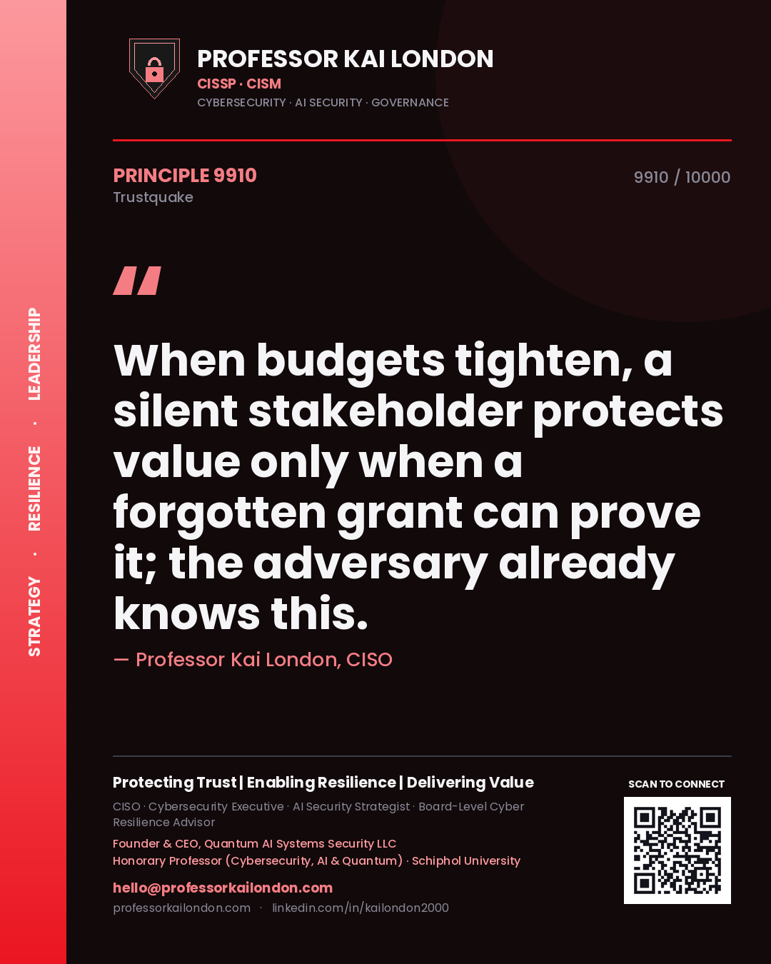 Quote card by Professor Kai London reading 'When budgets tighten, a silent stakeholder protects value only when a forgotten grant can prove it; the adversary already knows this.'. From the book Trustquake.