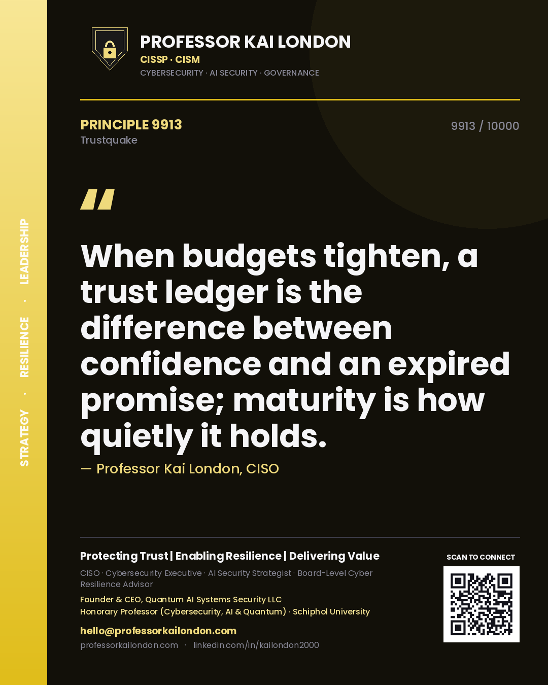 Professor Kai London principle 9913: When budgets tighten, a trust ledger is the difference between confidence and an expired promise; maturity is how quietly it holds.