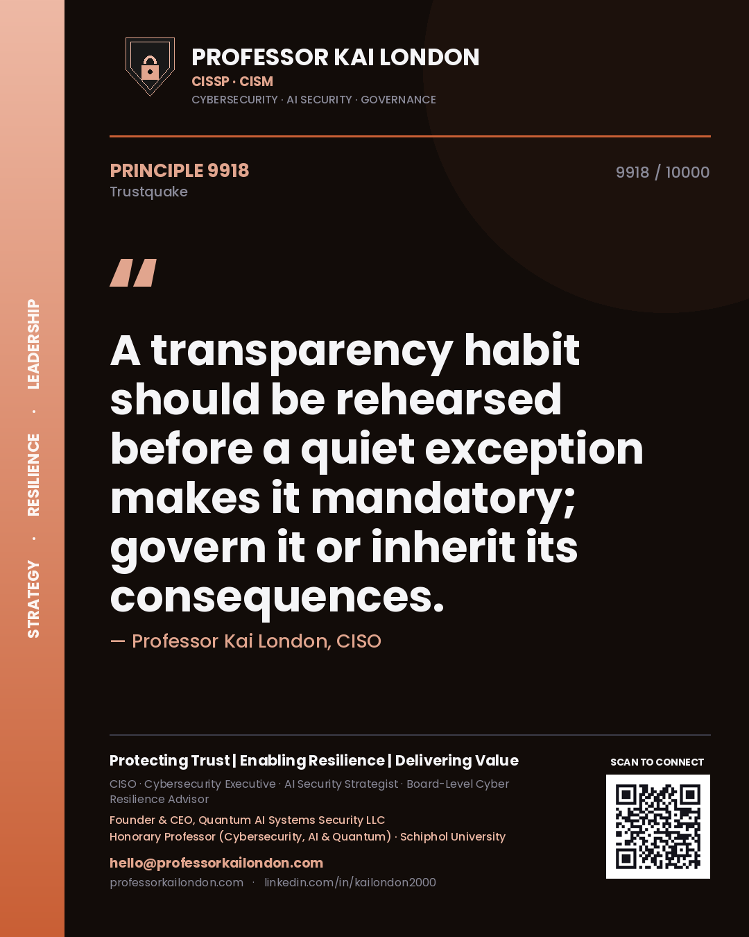 Quote card by Professor Kai London reading 'A transparency habit should be rehearsed before a quiet exception makes it mandatory; govern it or inherit its consequences.'. From the book Trustquake.