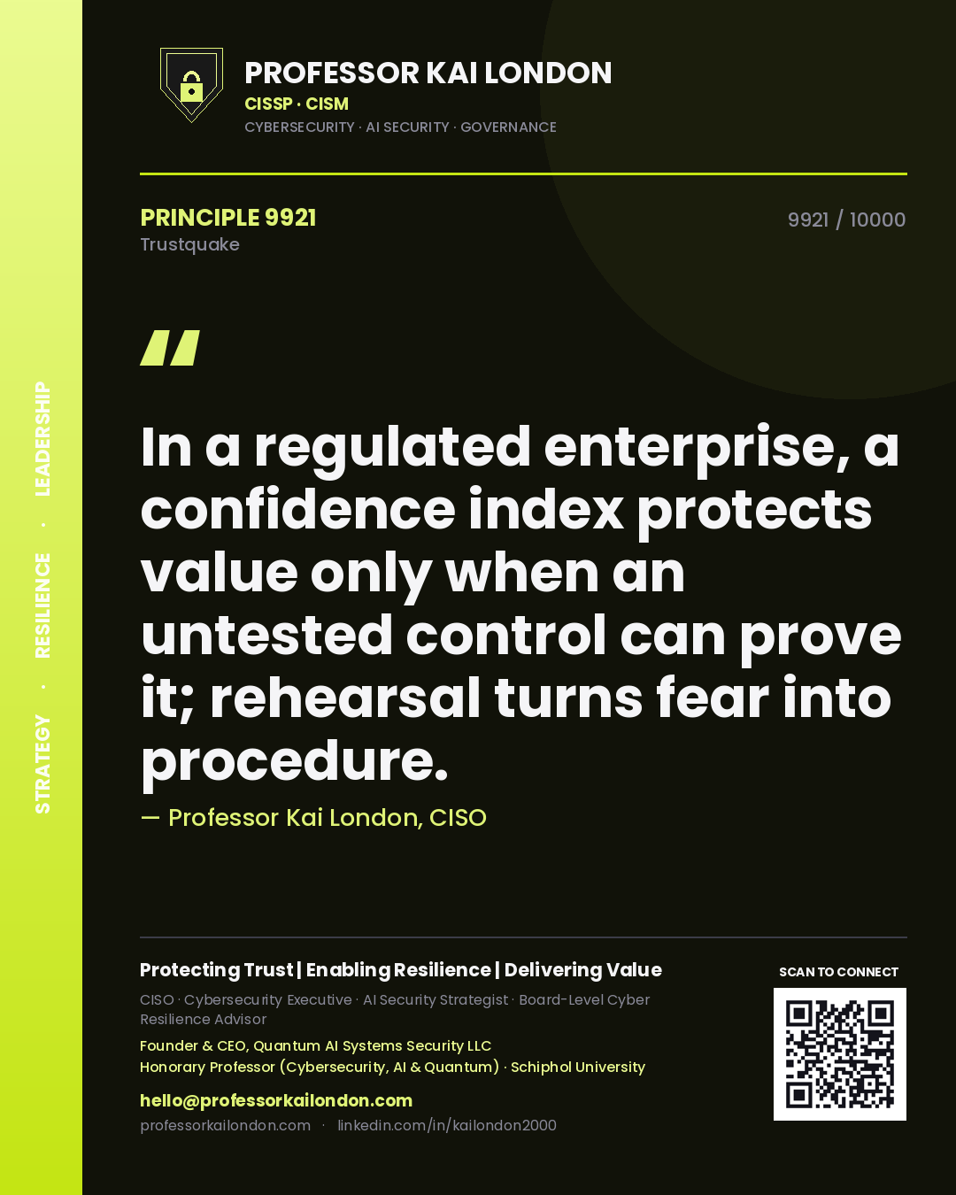 Professor Kai London principle 9921: In a regulated enterprise, a confidence index protects value only when an untested control can prove it; rehearsal turns fear into procedure.